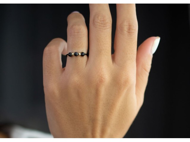 Inel bile aur 14 k, black tourmaline si snur matase CBI 04